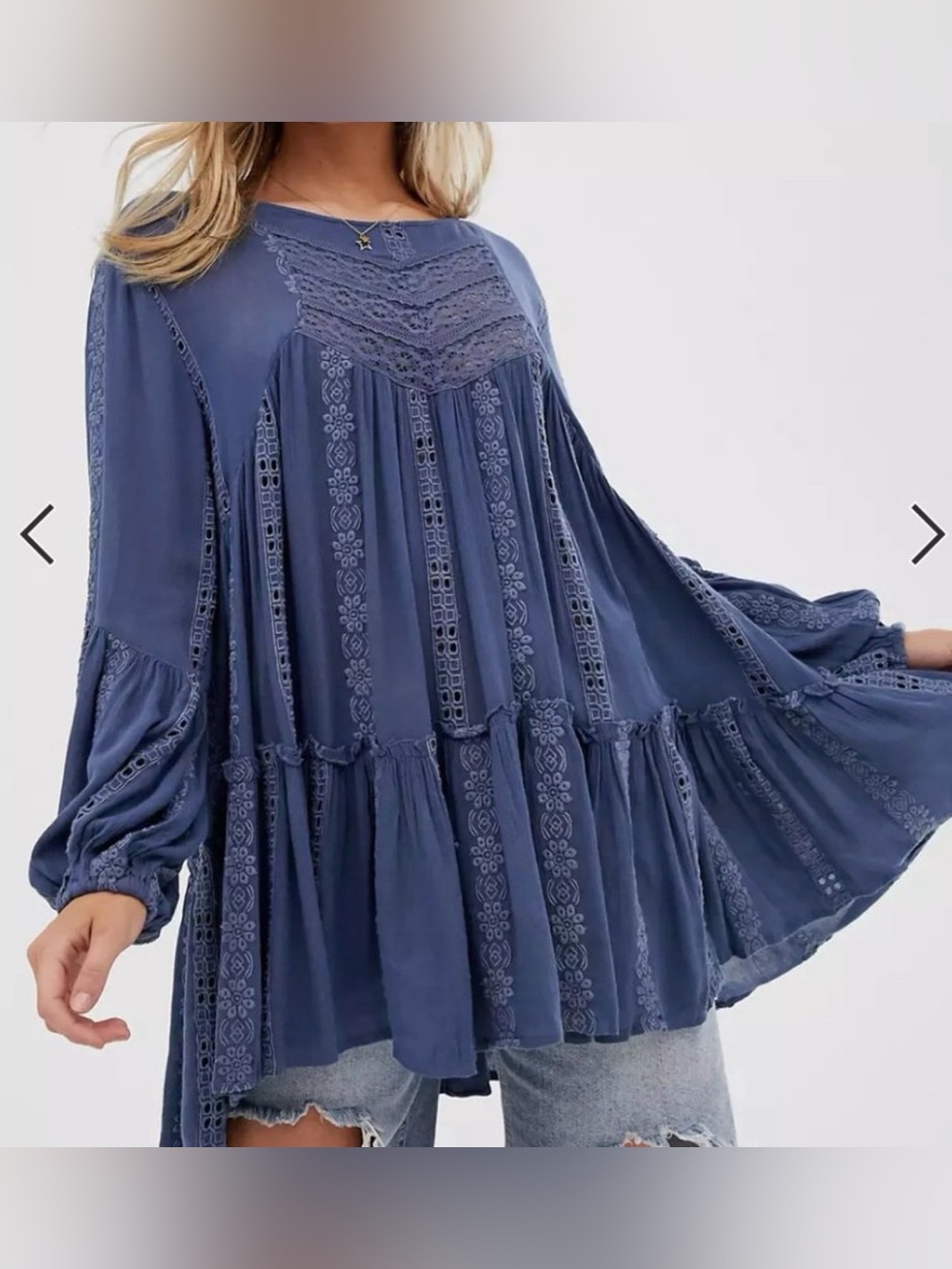 Free People Indigo Lace-Trim Boho Peasant Tunic